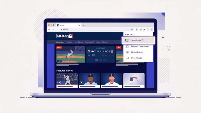 Chrome browser cast menu with MLB.TV tab selected for casting to TV