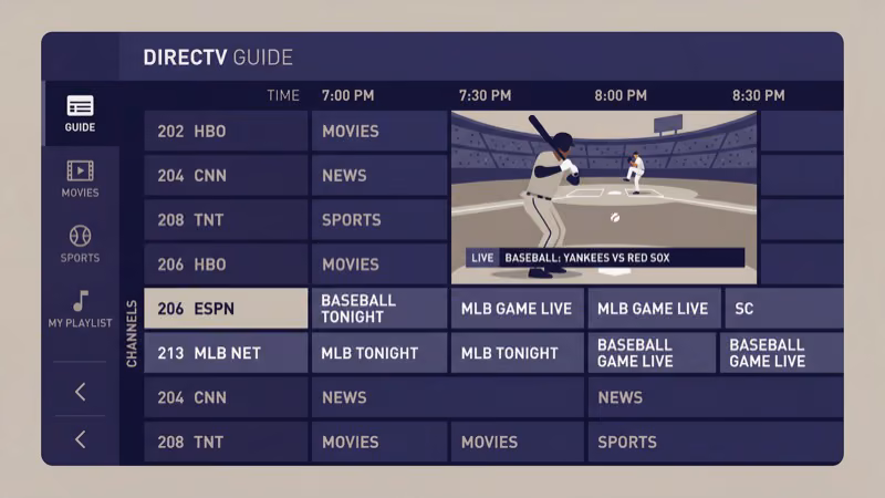 DirecTV channel guide showing MLB Network on channel 213 in HD