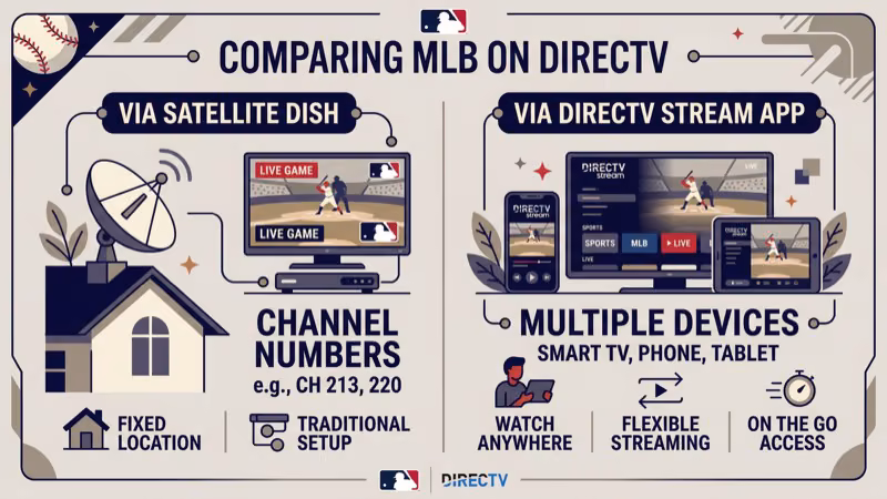 MLB streaming alternatives including MLB.TV, YouTube TV, and DirecTV Stream on smart TV