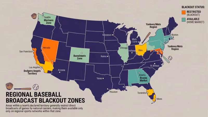 MLB TV blackout map showing regional restrictions for local market games across the US