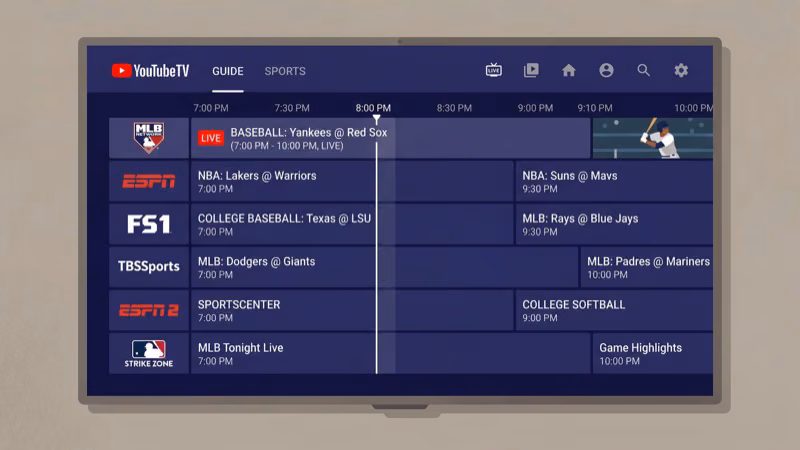 YouTube TV channel guide showing ESPN Fox and TBS baseball broadcast channels