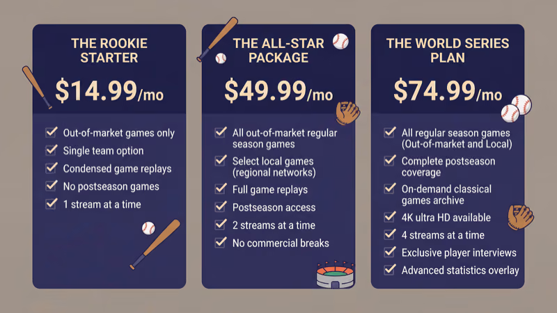 Side-by-side comparison of streaming services showing monthly cost and MLB Network availability