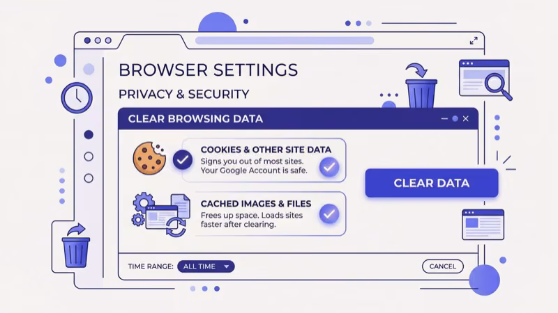 Browser privacy settings showing how to clear cookies and cached data for MLB.tv