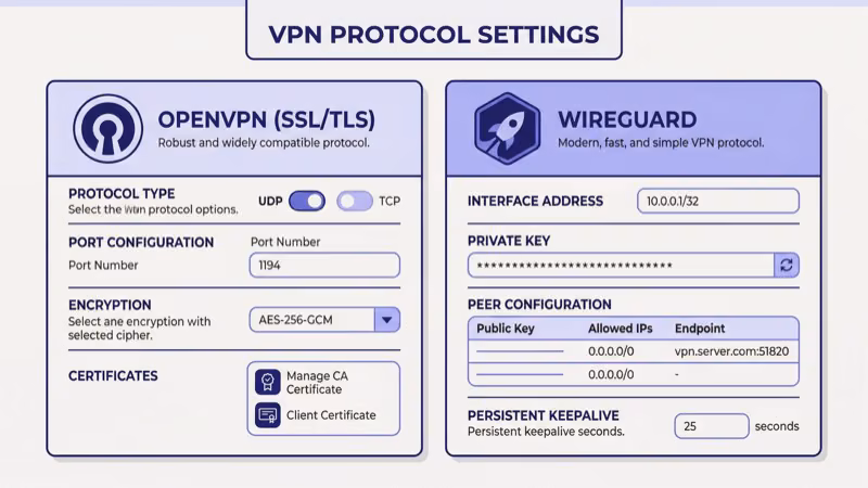 VPN app protocol settings screen showing WireGuard IKEv2 and OpenVPN options