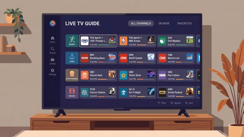 Pluto TV live channel guide showing 250 free channels organized by category on Roku