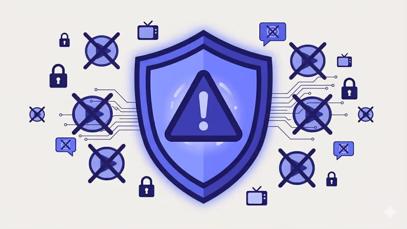 Shield and warning icon representing legal enforcement against illegal streaming apps