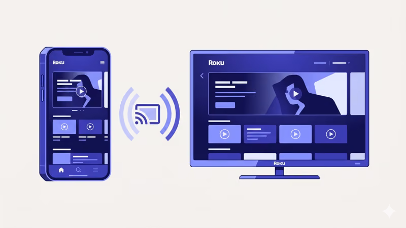 Smartphone screen being wirelessly mirrored to a Roku TV display