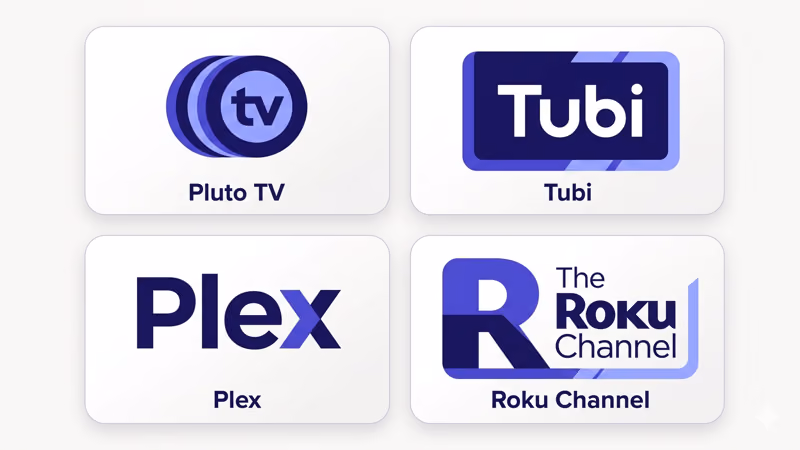 Grid of free legal streaming alternatives including Pluto TV Tubi and Plex for Roku