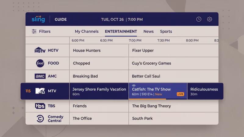 Sling TV Entertainment Extra add-on channel lineup including MTV and related channels