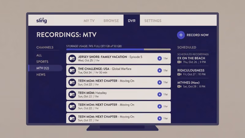 Recording MTV shows with Sling TV cloud DVR storage and playback controls