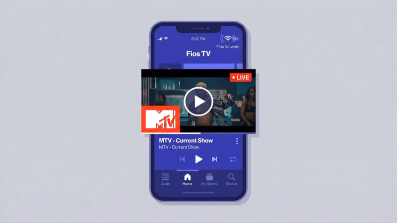 Fios TV app on smartphone streaming MTV live channel on home Wi-Fi network
