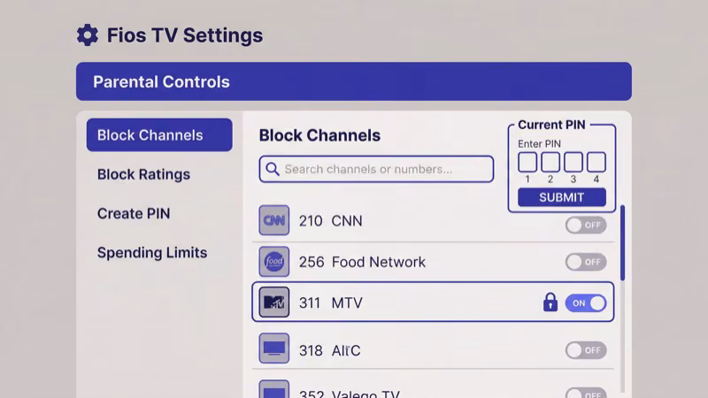 Fios TV set-top box parental controls settings menu blocking channels by rating