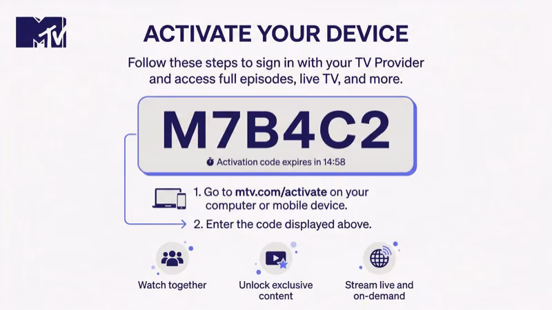 TV provider portal screen showing MTV channel activation with a code entry field