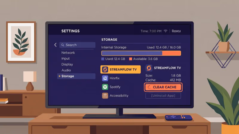Roku settings menu showing Netflix app cache clearing option on TV