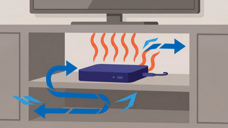 Roku streaming device placed on open surface with ventilation space around it