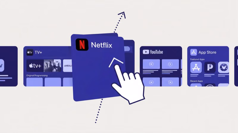 Apple TV app switcher showing Netflix card being swiped up to force close