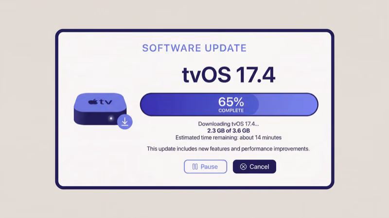 Apple TV Settings showing tvOS Software Updates screen with available update
