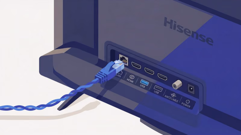 Ethernet cable connected to the LAN port on the back of a Hisense TV for stable wired streaming