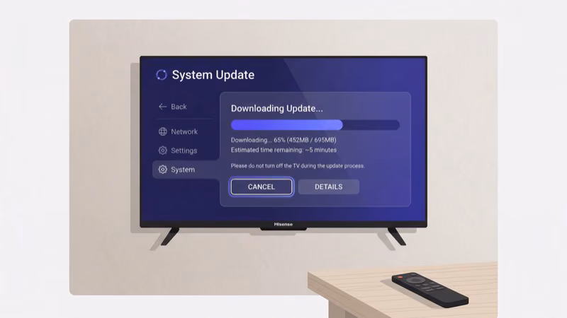 Hisense TV settings menu showing system update path for VIDAA and Google TV firmware update