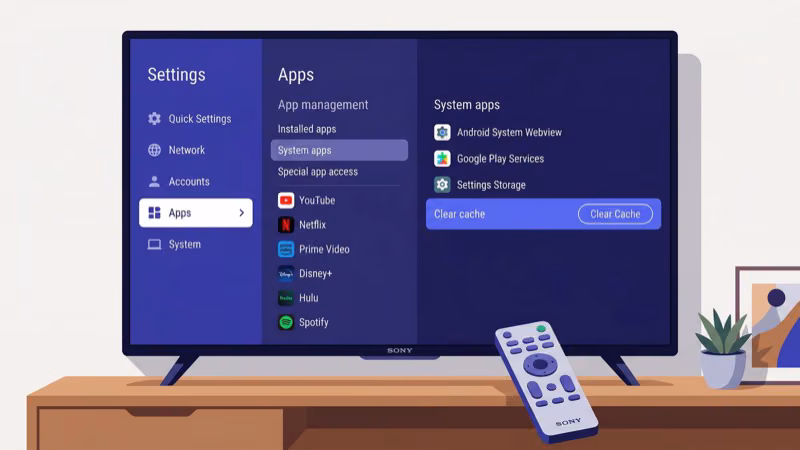 Sony TV settings menu showing Netflix app cache and data clearing options under Apps section