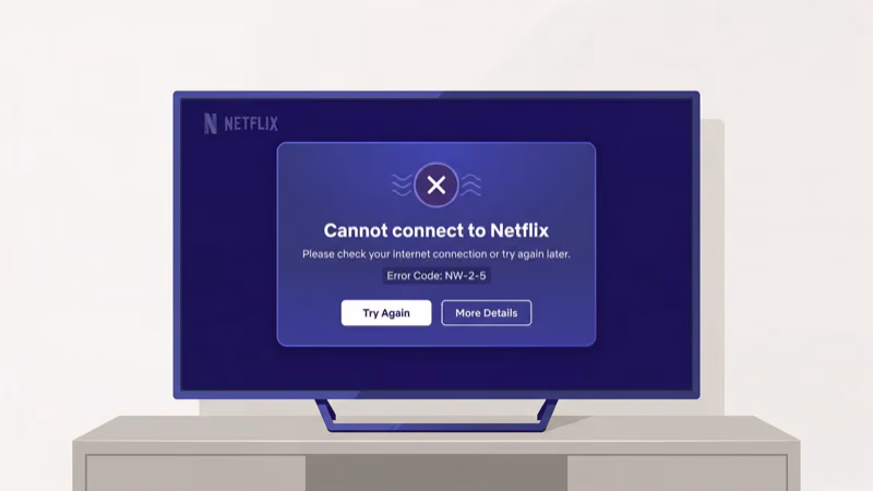 Netflix error codes NW-2-5 UI-800-3 and TVQ-ST-131 displayed on Sony Bravia TV screen with fixes
