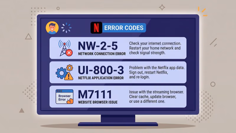 Common Netflix error codes NW-2-5 and UI-800-3 displayed on TV