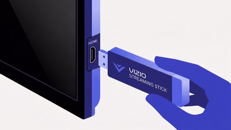 Roku Express 4K streaming stick plugged into Vizio TV HDMI port as Netflix alternative