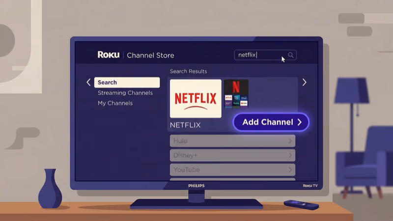 Roku Channel Store on Philips TV showing Netflix add channel screen