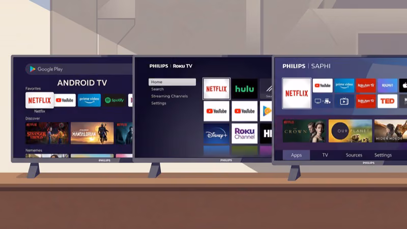 Philips TV home screens showing Google TV, Roku TV, and Saphi OS side by side