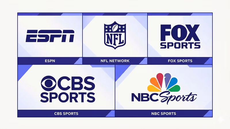 NFL broadcast channel logos grid with ESPN NFL Network Fox CBS and NBC