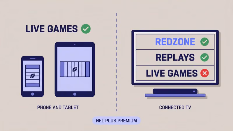 NFL Plus Premium live games restricted to phone and tablet while RedZone and replays stream to connected TVs