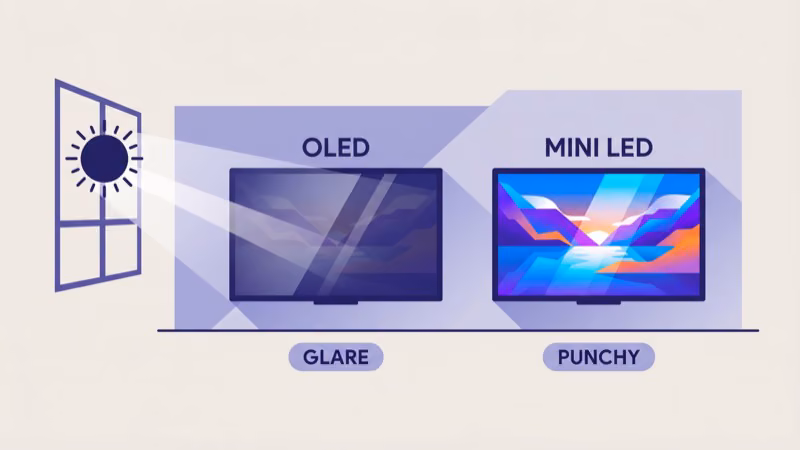 Mini LED TV displaying HDR content in a bright living room with sunlit windows and natural daylight
