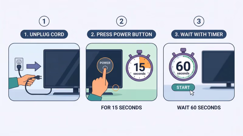 Onn Roku TV power cord being unplugged from wall outlet during restart