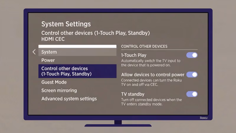 Roku TV system settings with HDMI CEC toggle options