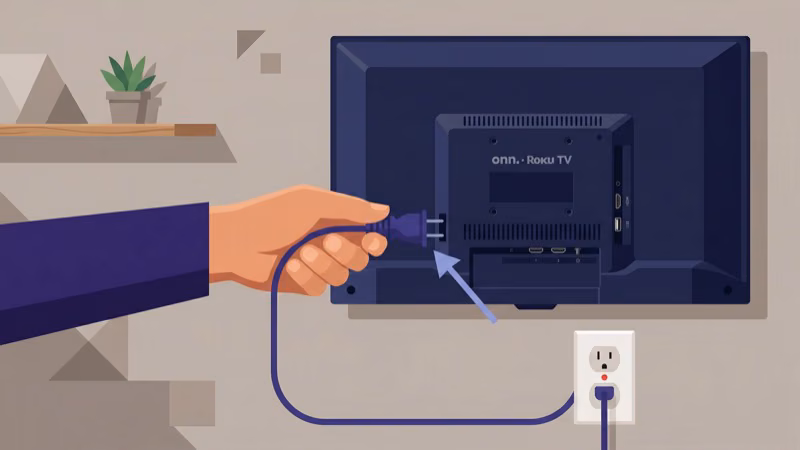 Inspecting ONN Roku TV power cord connection at back of TV