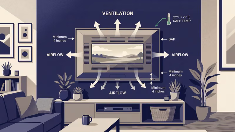 ONN TV back panel showing ventilation clearance requirements to prevent overheating