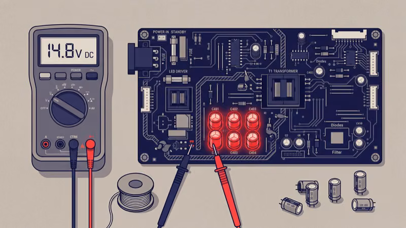 ONN TV power board with bulging capacitors causing restart loop hardware failure