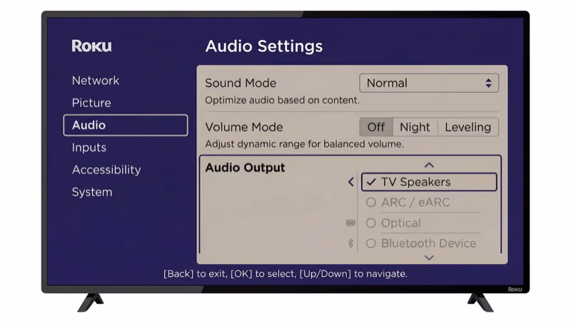 ONN Roku TV audio settings menu showing speakers and volume mode options