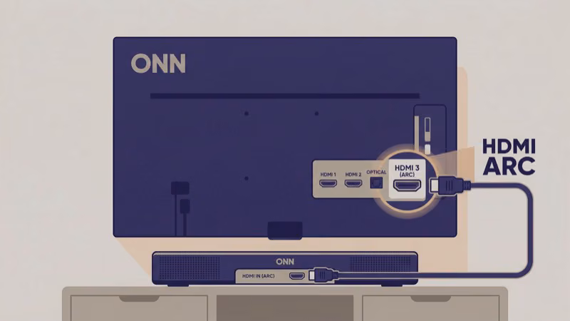 ONN Roku TV HDMI ARC port connection diagram with soundbar cable routing
