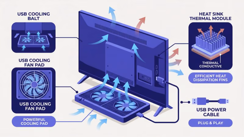 AC Infinity Aircom fan and USB cooling accessories for ONN Roku TV heat management