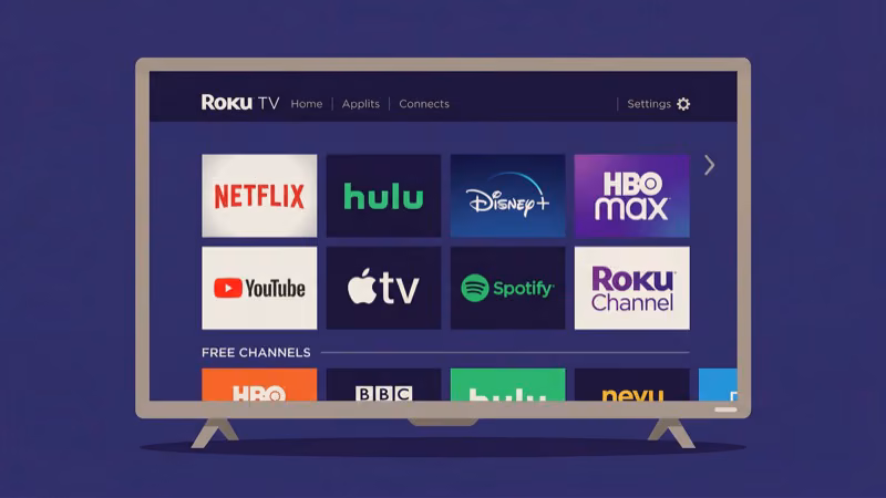 Roku OS home screen on ONN TV showing streaming channels and app grid