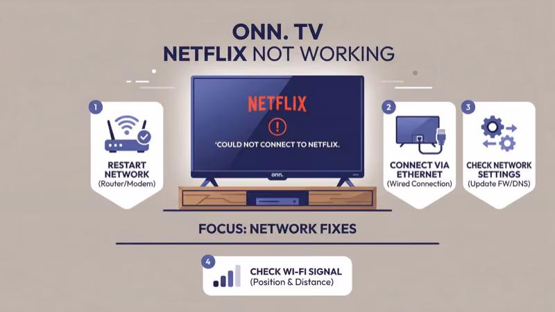 ONN TV network settings showing DNS configuration and speed test results