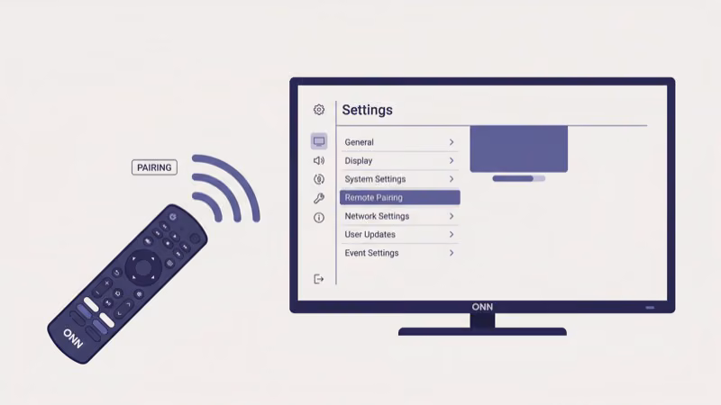 ONN TV remote control pairing process with fresh batteries and TV sensor