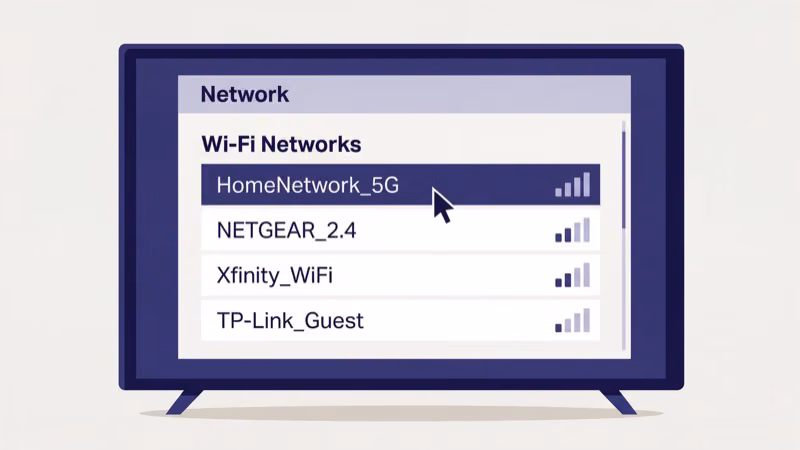 ONN Roku TV wireless network settings screen showing 2.4 GHz and 5 GHz bands