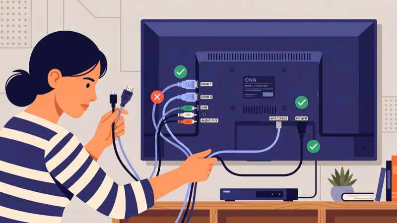 Checking HDMI and power cable connections on ONN TV back panel