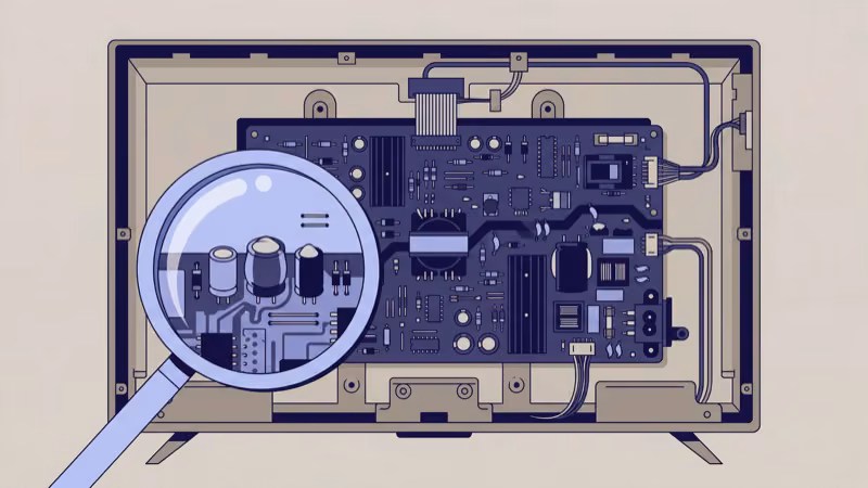 TV power supply board with swollen capacitors under magnification