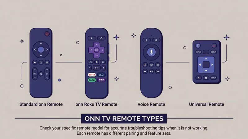 Four ONN TV remote types compared including IR Roku and Bluetooth models