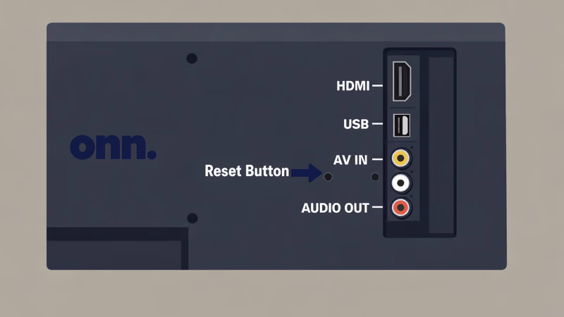 ONN TV back panel showing pinhole reset button location near HDMI ports