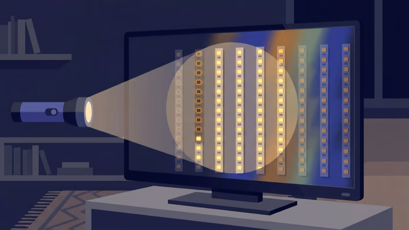 Flashlight test on ONN TV screen in dark room to diagnose failing LED backlight