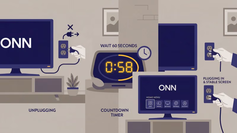 ONN TV power cycle steps showing unplugging and holding power button